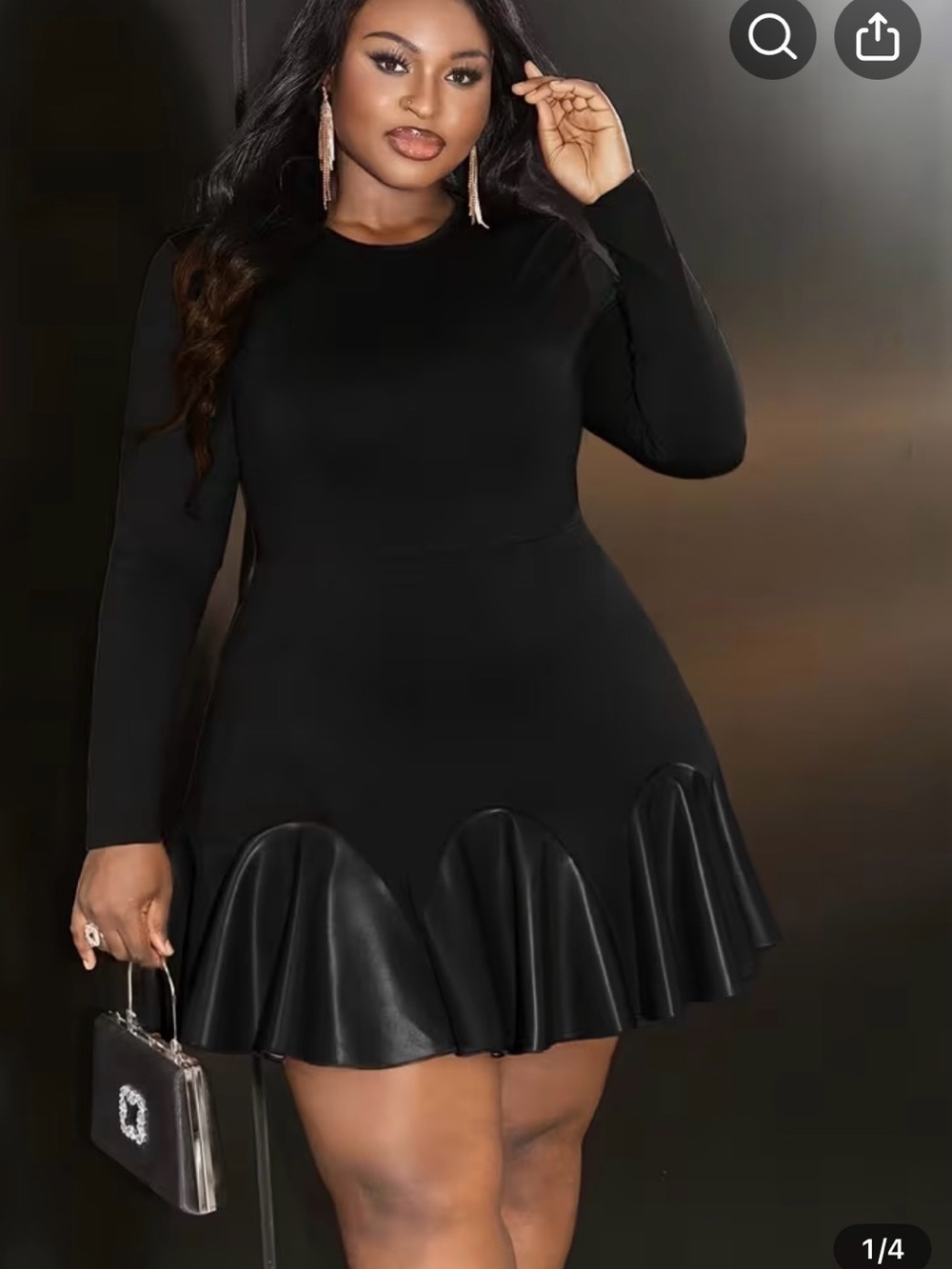 SHEIN Black Plus Size Long Sleeve Mini Dress with Faux-Leather Ruffle Hem